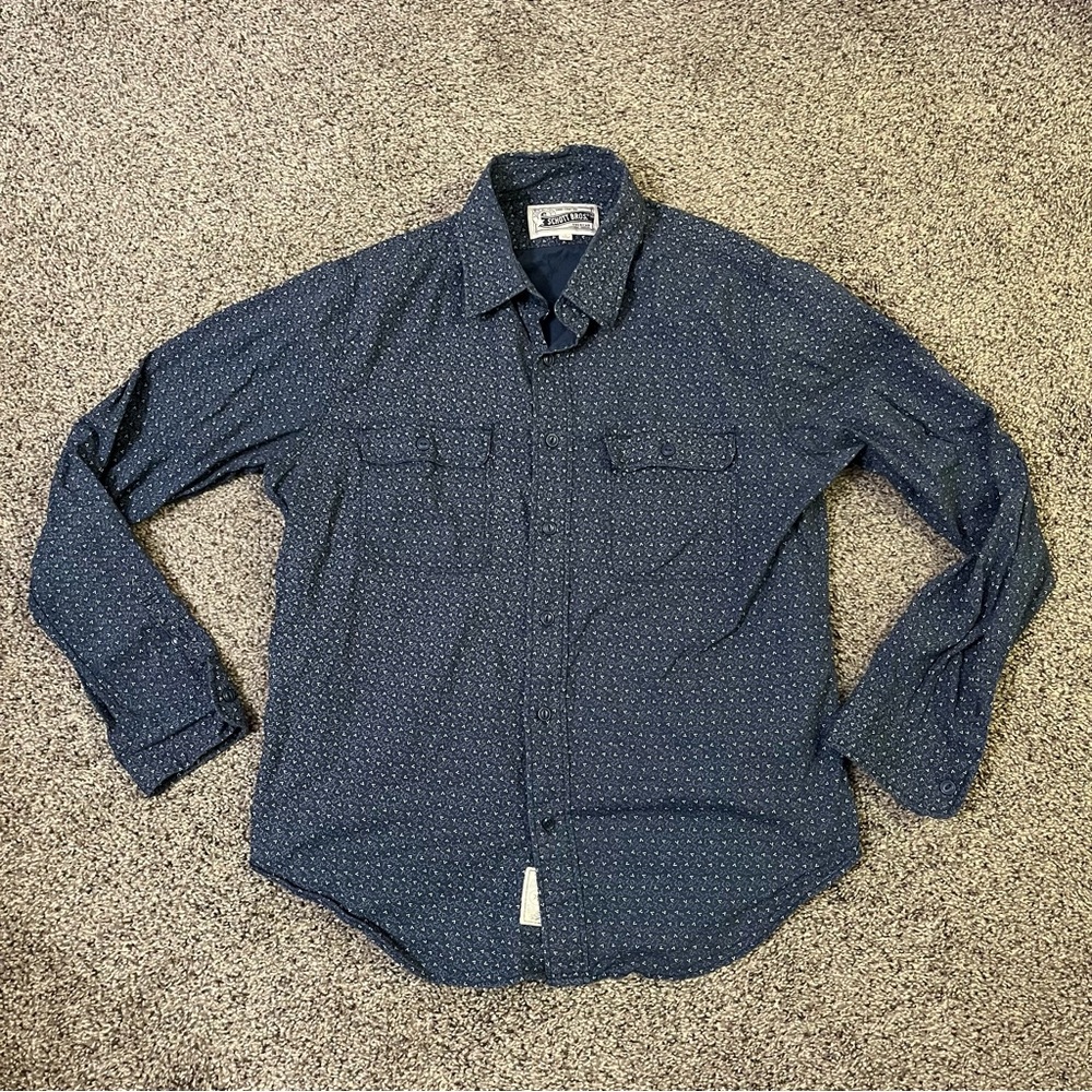 Schott Bros Shirt Mens Large Cotton Button Up Blue Geometric Handcrafted Pockets